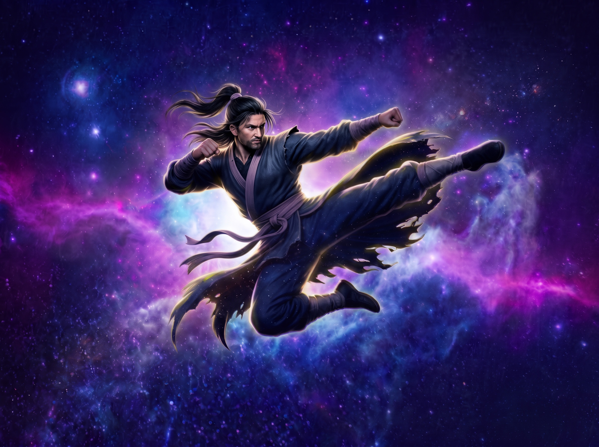 Comic Verse, martial-arts hero dissolving into digital particles
